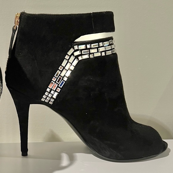 NINE WEST Black Suede Rhinestone Peep-Toe Ankle Boots - Picture 6 of 8